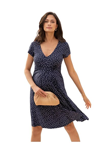 loia Women's Navy Blue Maternity Dress V-Neck Short Sleeve Polka Dot Midi Dre...