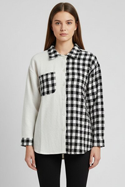 Kübra Tekstil Women's Black Oversize Fit Plaid Patterned Long Sleeve 100% Cot...