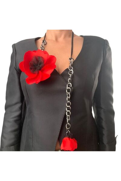 OEM Colier Cu Doua Flori de Mac Rosu si Lant