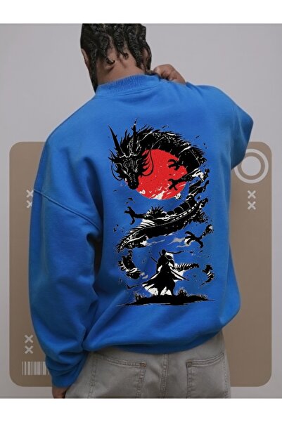 Wish BF سويت شيرت بقلنسوة كبير الحجم من القطن مطبوع عليه مخصص بألوان التنين ا...