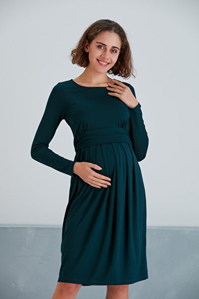 loia Women's Petrol Green Pleated Detailed Knee Length Dress Comfortable Fit ...