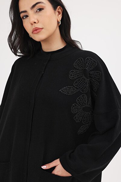 Uludağ Triko Γυναικείο μαύρο κεντημένο λουλούδι με λεπτομέρεια καπέλο παντζόνι