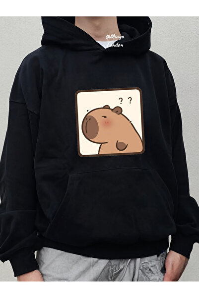 Minga London Hanorac oversize unisex cu imprimeu Capybara negru -Mingalondon