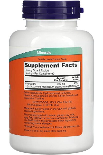 Now Foods Magnesium Glycinate Highly Absorbable Form Tablets, 180 Tablets
