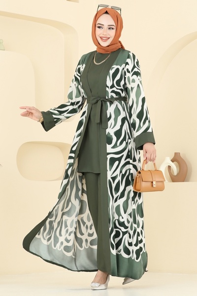 ModaMerve Desenli Üçlü Viskon Takım 0345BG354-MS Desen 1 Haki