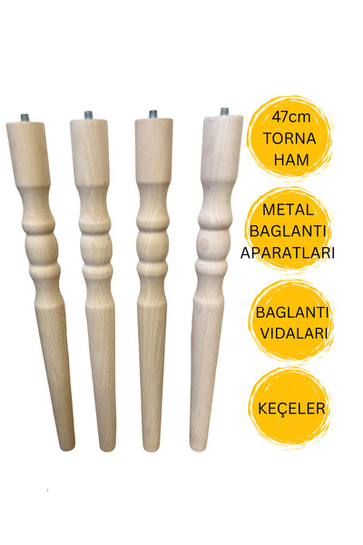 HAMADEX 47 cm Ham Torna Ahşap Sehpa Ayağı | Mobilya Ayağı + Metal Bağlantı Aparatları