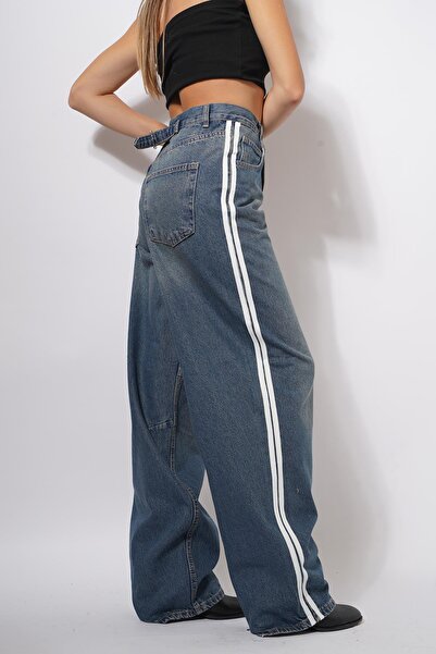 Pafi Moda Şadi Yan Şeritli Kemer Tokalı Baggy Pantolon Kot Mavi