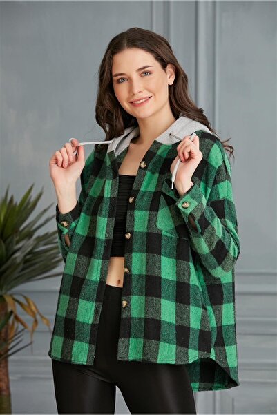 loia Kadın Yeşil Kapüşonlu Oduncu Gömlek Ceket Ekose Desenli Uzun Kollu Rahat...