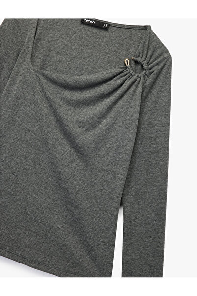 Koton Slim Fit Asymmetric Collar Long Sleeve T-Shirt with Accessory Detail