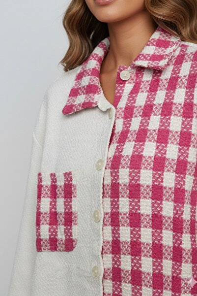 Kübra Tekstil Women's Pink Oversize Fit Plaid Patterned Long Sleeve 100% Cotton Shirt, Jacket, Women's Lumberjack Shirt