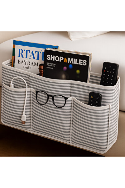 CARO HOME Premium Başucu Düzenleyici – Şık Çizgili Kumaş Organizer | Yatak Yanı Depolama Çözümü