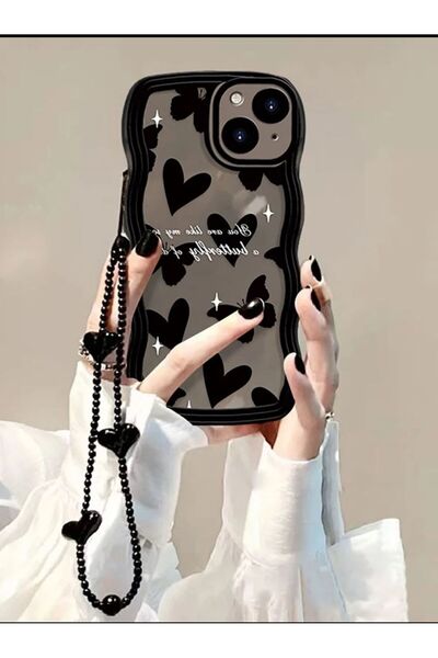 Fiesta IPHONE 15 KALP KELEBEK DESENLİ İPLİ SİLİKON KILIFI