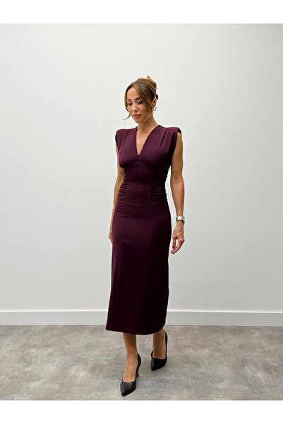Maldia Shop Women's Padded Drape Detailed Plum Dress