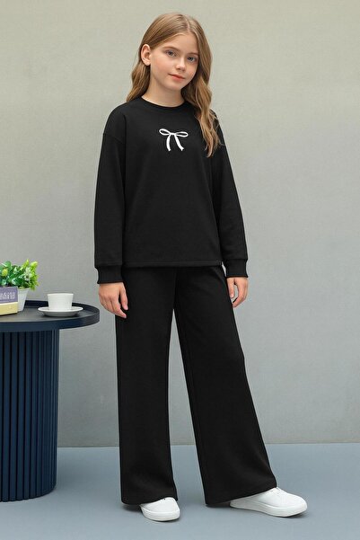 MORNİNG KİDS Minimalna mašna za devojčice Štampano crna okrugla kragna dukser...