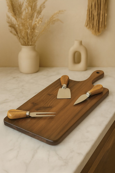 Kitchen Life Acacia Wood Presentation Board Knife Set – Serving Board with 3 Stainless Steel Blades