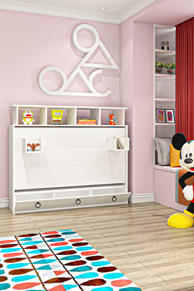 Ninnimo Aysa 90x190 Yatak Uyumlu Yatay Açılır Duvar Yatağı Beyaz Kitaplıklı Karyola