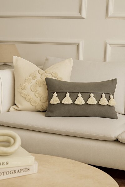 Cozy & Soft Gray Tassel and Surface Decorated Cream Throw Pillow Cover Set - 2 Pieces (50X50 Cm, 30X50 cm)
