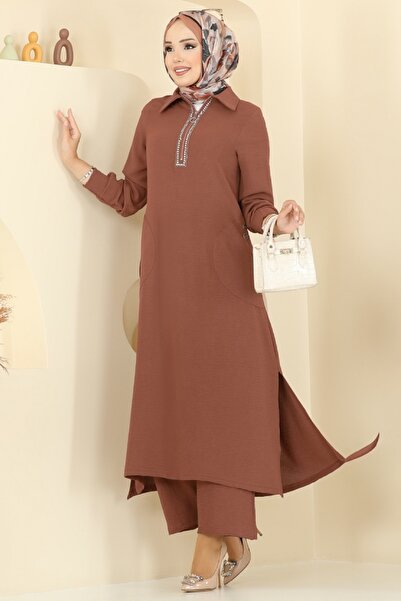 ModaMerve Yakası Taş Detaylı Tunik Takım 446DVL817-MS Taba