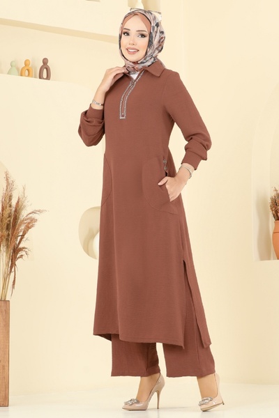 ModaMerve Yakası Taş Detaylı Tunik Takım 446DVL817-MS Taba