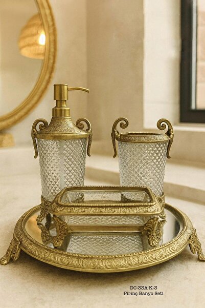 Lunara طقم حمام نحاسي مع صينية مرآة ذات تصميم كريستالي أنيق، 4 قطع