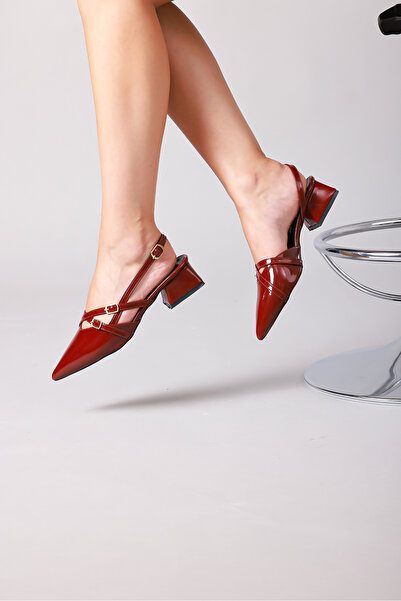 GÜLERSHOES Гарантовані короткі бордові туфлі на підборах з гострим носком, ремінцем на зап'ясті та ажурною підошвою, розміри 36-37-38-39-40.