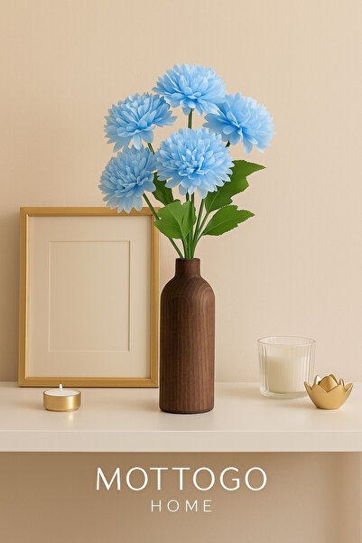 Mottogo Ahşap Silindir Vazolu Yapay Kasımpatı 5 Dal Çiçek