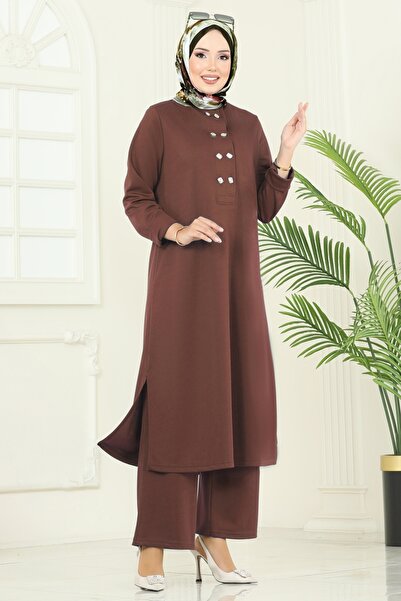 ModaMerve Yandan Yırtmaçlı Mira Takım 454DVL817-MS Kahve