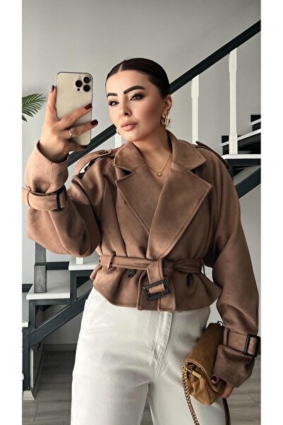 Oslove Vizon Süet Omuz Apoletli Kuşaklı Trençkot