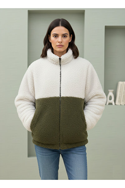 Fifty Color Trend, Women'S, Khaki - White, Color Block, Zipper, Stand Collar, Sherpa, Fleece, Jacket