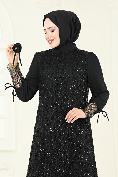 ModaMerve Broşlu File Payet Takım 2547ELC1143-MS Siyah