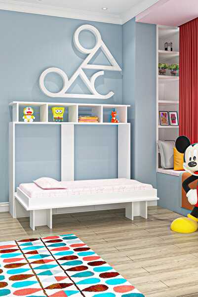 Ninnimo Aysa 90x190 Yatak Uyumlu Yatay Açılır Duvar Yatağı Beyaz Kitaplıklı Karyola