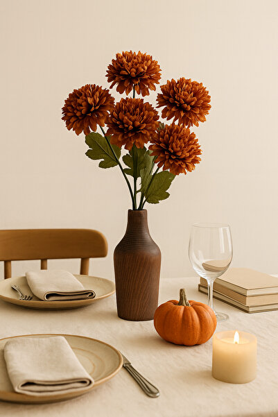 Mottogo Ahşap Silindir Vazolu Yapay Kasımpatı 5 Dal Çiçek