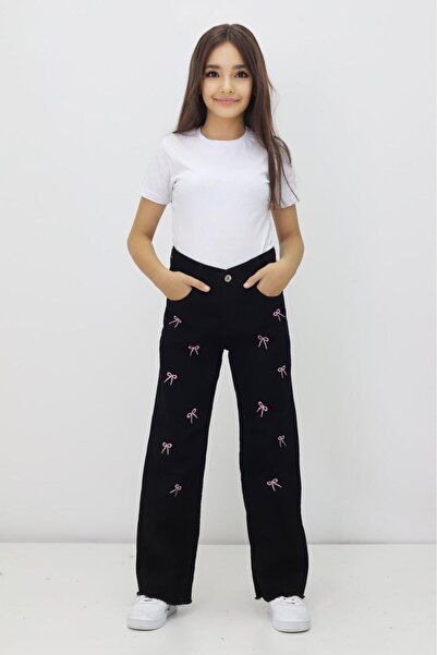 RAPİDO LİFE Girls' Ribbon Embroidered Basic Jeans Denim Jean Casual Style Kids