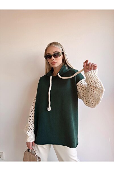 loia Hanorac de damă verde închis, cu glugă și mâneci tricotate, croială conf...