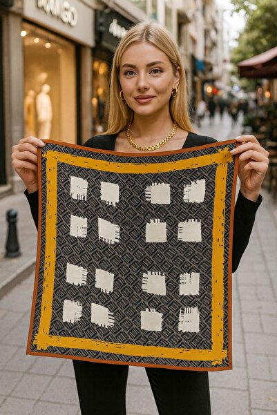 Axesoire 14921 Etnik Desenli Turuncu Çift Tarafı Baskılı Bandana Fular 90x90 cm