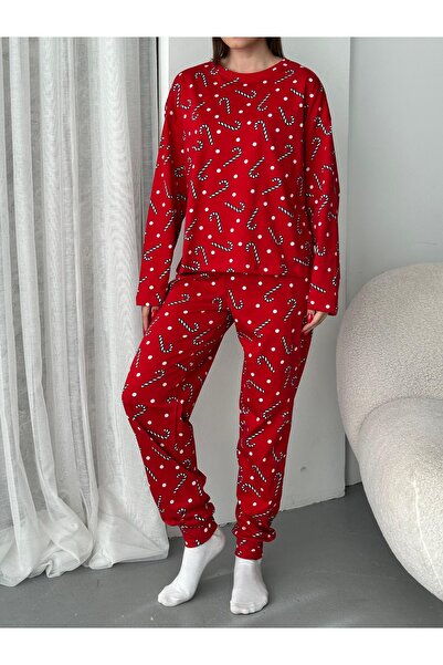 Misleydi genç-yetişkin desenli alt+üst pijama takımı kırmızı şeker kamışı