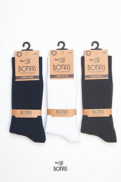 Bonas Erkek Kışlık Kalın Yünlü Premium Çorap 3'lü Çorap Seti - Çizgili Desen 3 Renk Standart Beden 41- 45