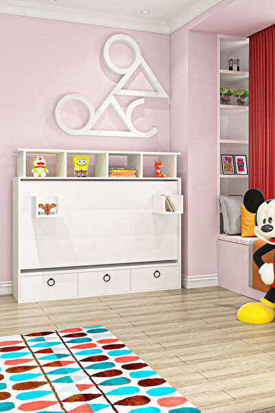 Ninnimo Aysa 90x190 Yatak Uyumlu Yatay Açılır Duvar Yatağı Beyaz Kitaplıklı Karyola