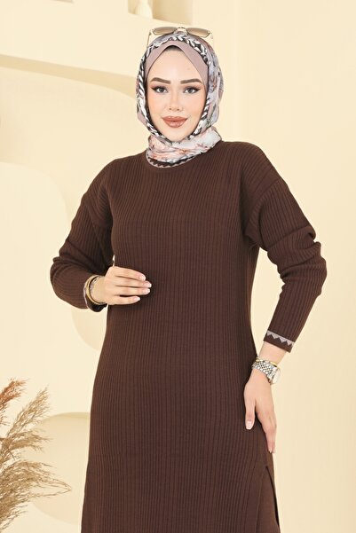 ModaMerve Çizgi Detaylı Triko Takım 2713AYD574-MS Kahve