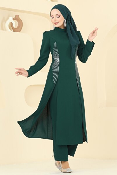 ModaMerve Yırtmaç Detaylı Şık Takım 2723SL432-MS Zümrüt