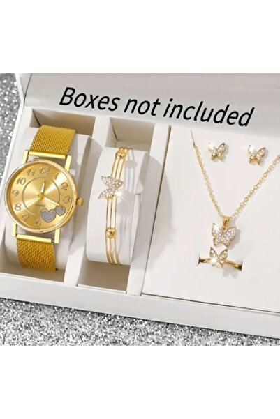 stainless steell VİP zarif kalp motifli saat bileklik küpe kolye yüzük set