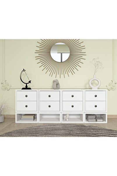 Nettrends Minimal modern konsol 8 çekmece alt raf organizerli mat beyaz 135 c...