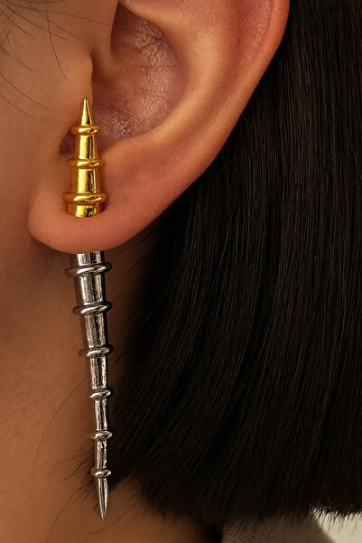 TAKIŞTIR Gümüş Ve Altın Renk 14K Altın Kaplama TX Küpe (Çift)