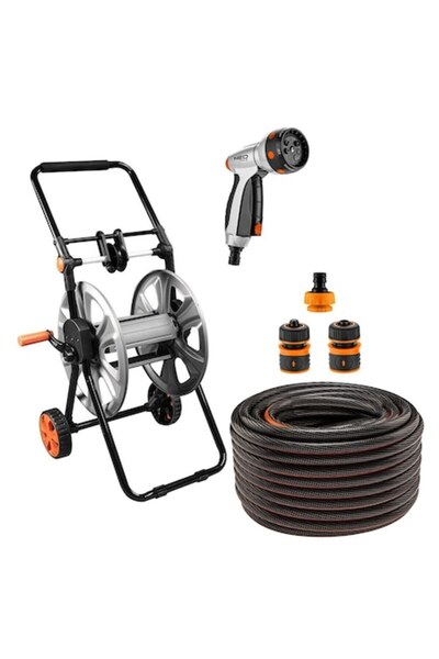 NEO Garden Hose Kit with Spray Gun, Hose Reel Cart and Accessories, 6 Layers, 50 m