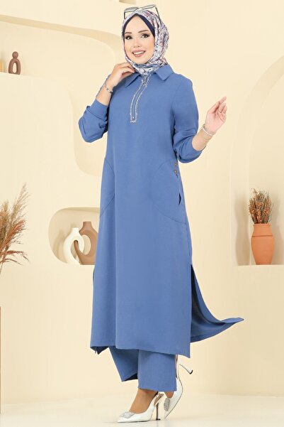 ModaMerve Yakası Taş Detaylı Tunik Takım 446DVL817-MS İndigo