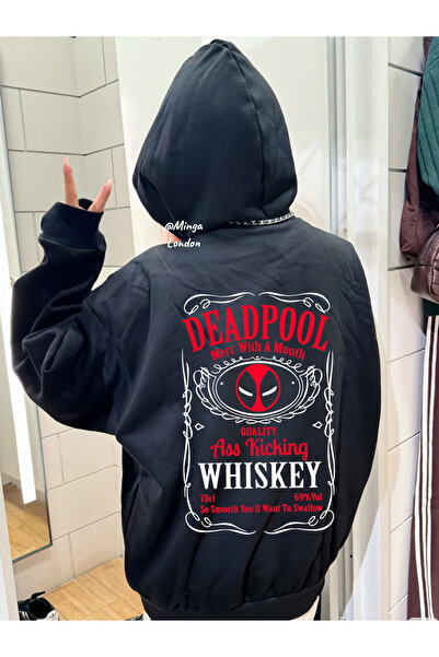 Minga London سويت شيرت أسود كبير الحجم مطبوع عليه ديدبول للجنسين - مينجالدون