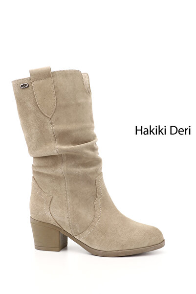 GÖNDERİ(R) Kadın Bej Süet Kalın Topuklu Körüklü Hakiki Deri Çizme
