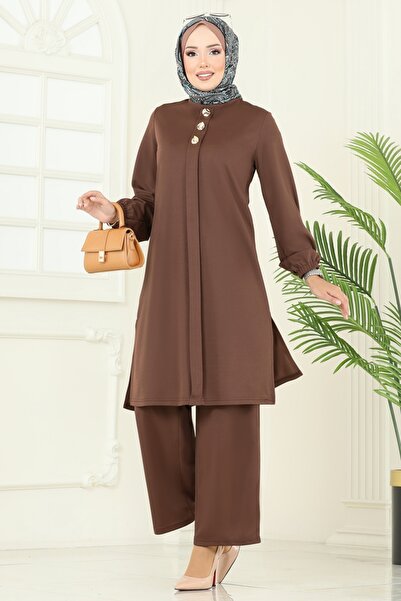 ModaMerve Aksesuar Düğmeli Tesettür Takım 456DVL817-MS Kahve