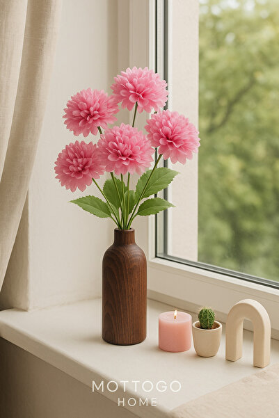 Mottogo Ahşap Silindir Vazolu Yapay Kasımpatı 5 Dal Çiçek