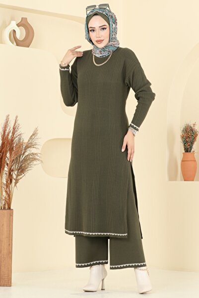 ModaMerve Çizgi Detaylı Triko Takım 2713AYD574-MS Haki